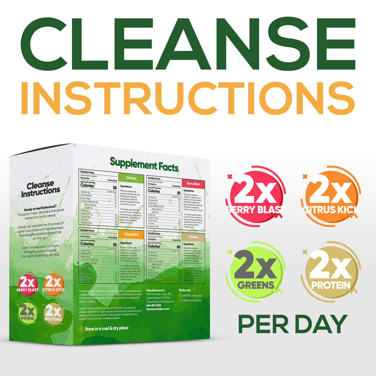 3 Day Juice Cleanse Detox | 24 Powder Packets | 4 Tasty Flavors w/ Protein