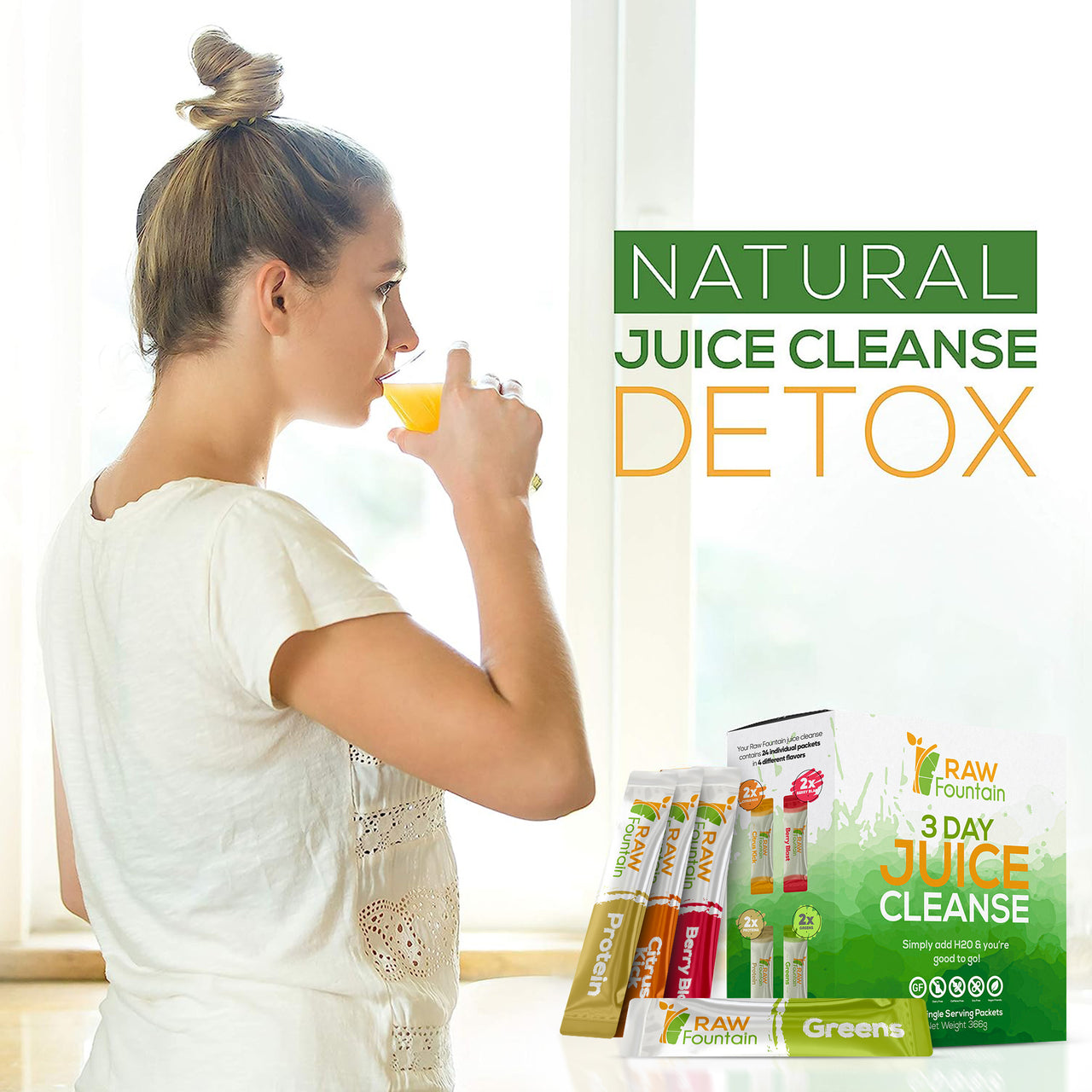 3 Day Juice Cleanse Detox | 24 Powder Packets | 4 Tasty Flavors w/ Protein