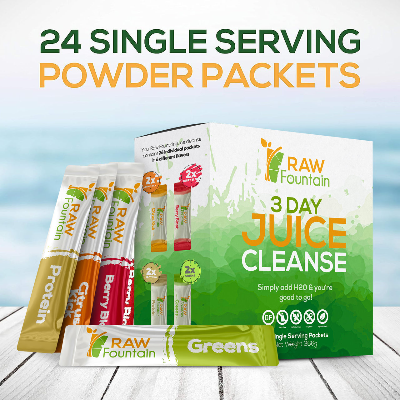 3 Day Juice Cleanse Detox | 24 Powder Packets | 4 Tasty Flavors w/ Protein